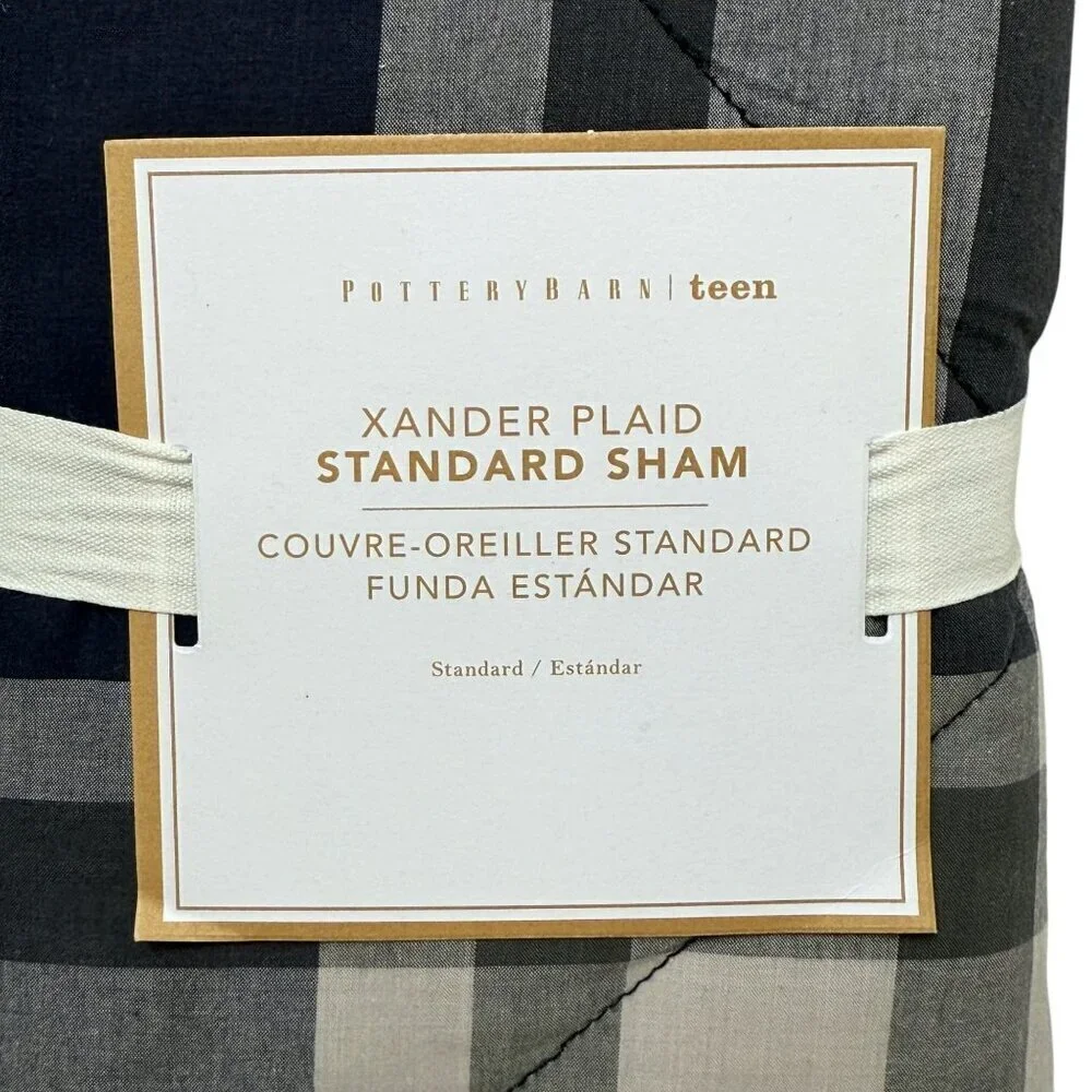 POTTERY BARN Pillow Sham Navy Gray Plaid Cotton Standard Size Xander Pillowcase